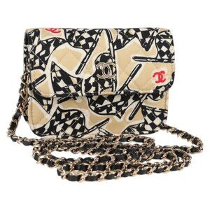 CHANEL Matelasse Chain Pouch Canvas Beige Gold CC Auth bs27947M